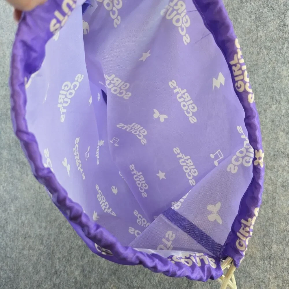 Girl Scouts Drawstring Backpack Cinch Sack Purple White Text Hearts Stars Music